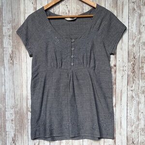 Trail Women's Boho Embroidered Tunic Top sz Mediu Slate Gray Prairie Buttons Cap